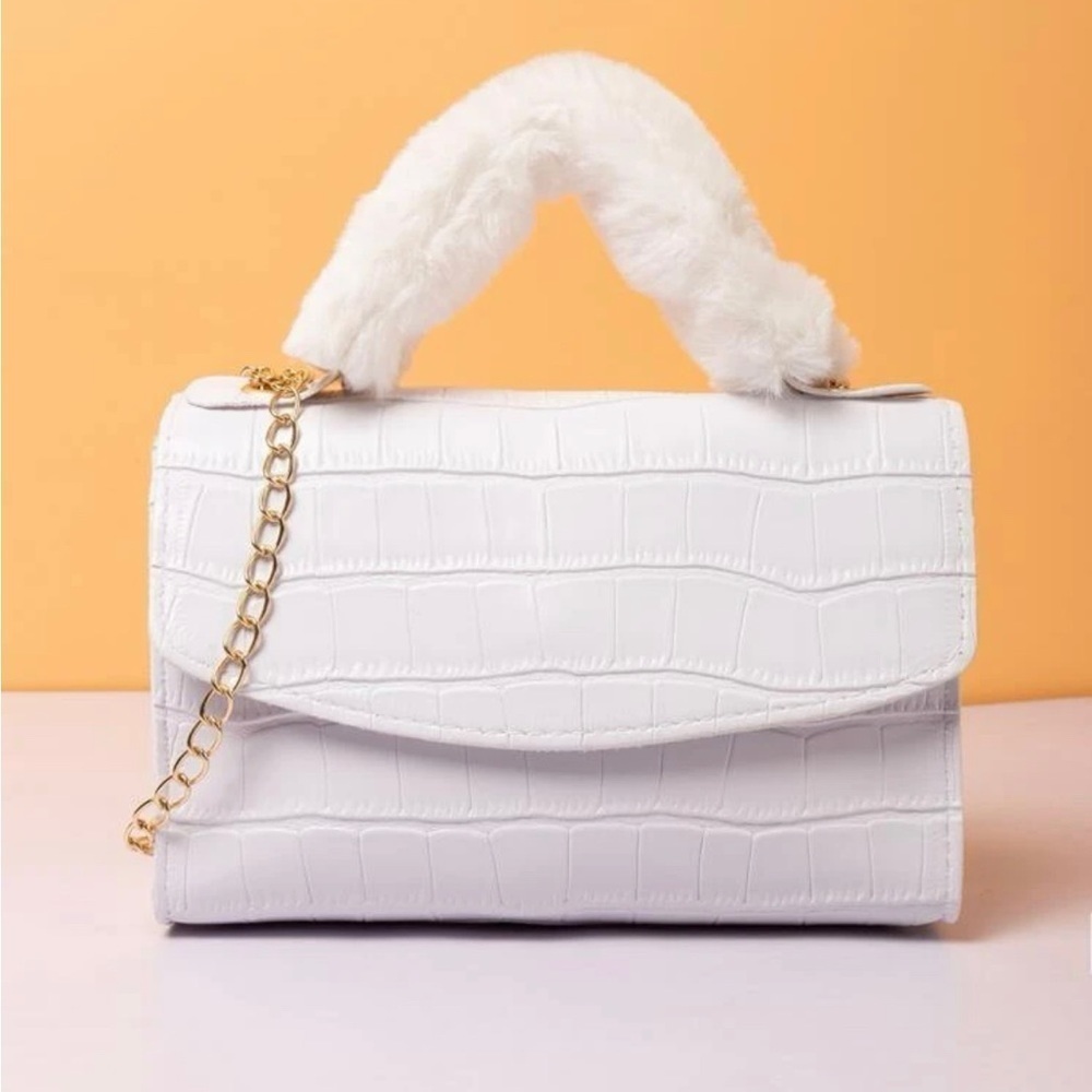 White Vegan Croc Fur Handle Statement Hand Bag